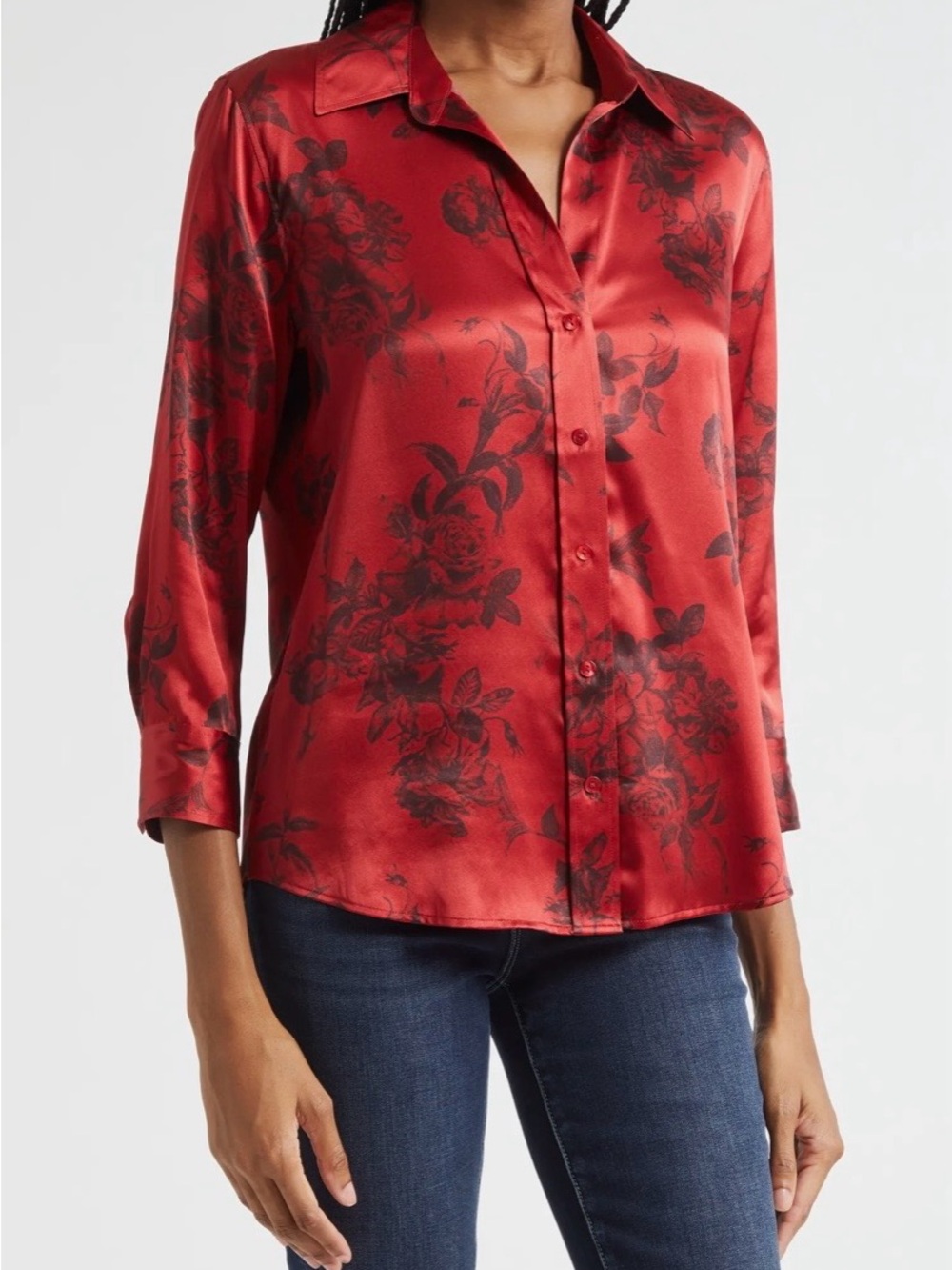 L’Agence Dani Silk Red Floral Button-Front Shirt Women's Blouse size S